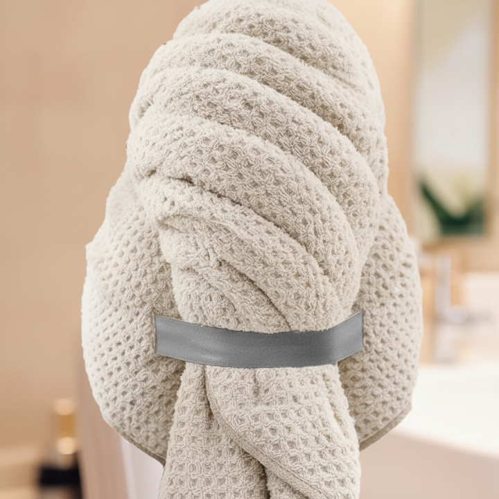 Absorbent, extra large microfiber hair wrap towel in waffle weave, ideal for women's hair drying.
