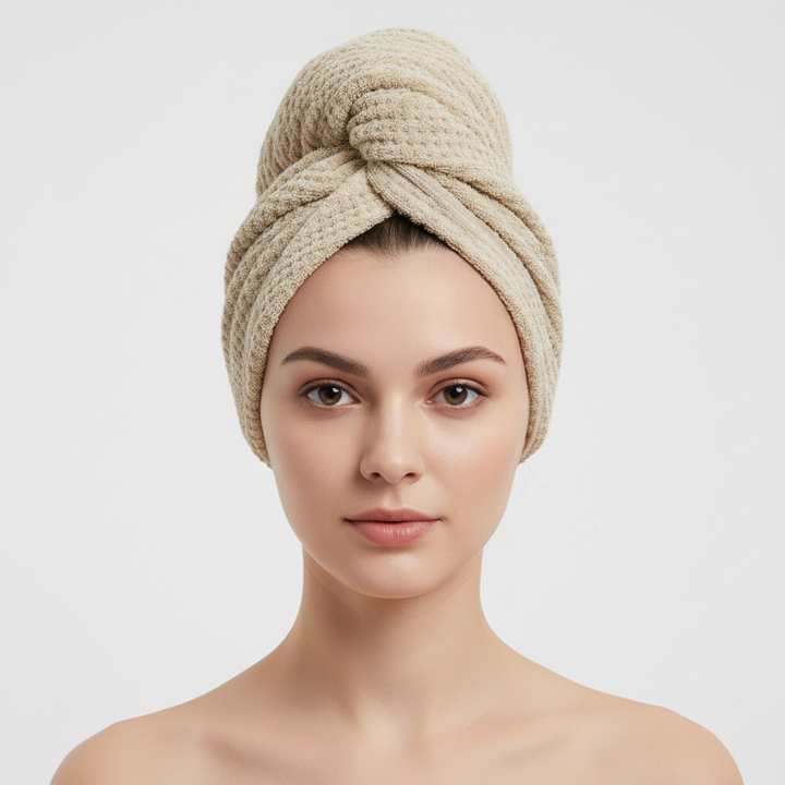 Women's bathing accessory: extra large microfiber hair wrap towel with high absorbency.