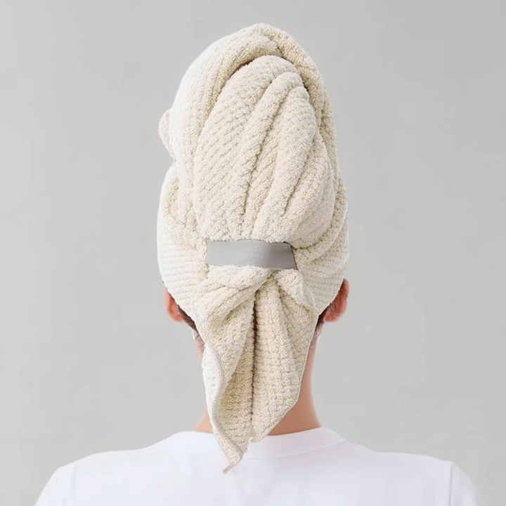 Waffle pattern extra large microfiber towel, perfect hair wrap for quick and easy drying women's hair.