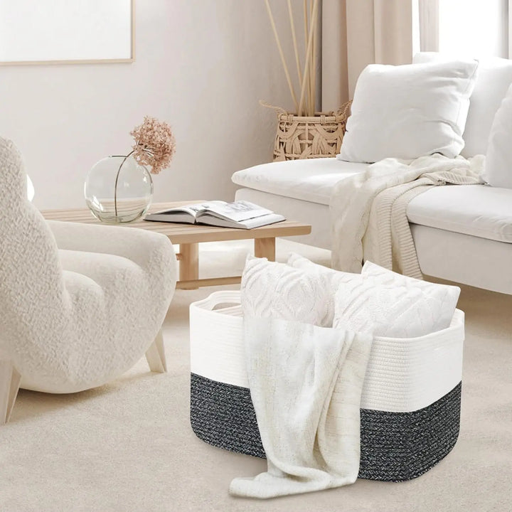 Stylish extra large cotton rope basket, perfect for toy storage, blankets, or laundry in a nursery