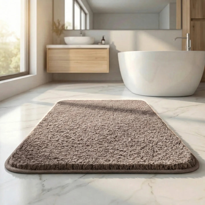 Elegant Flowique wave pattern area rug. Plush, extra thick bath mat adds stylish comfort to any bathroom.