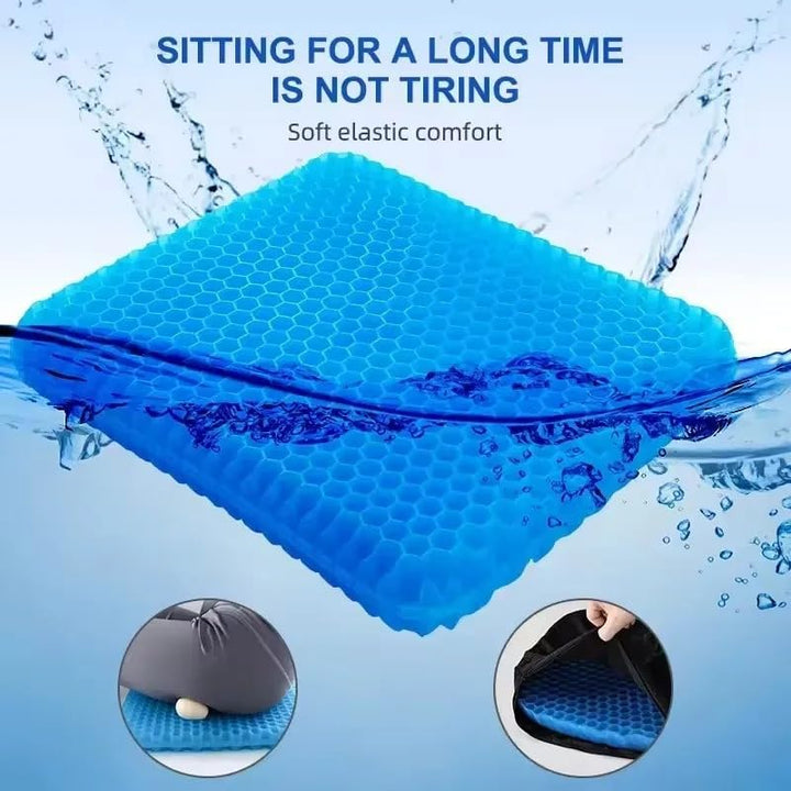 Portable extra-thick cooling gel seat cushion for car or office, designed for pressure relief.