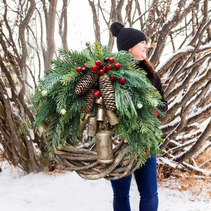 Farmhouse Boho Christmas wreath, handmade for festive holiday door decor.
