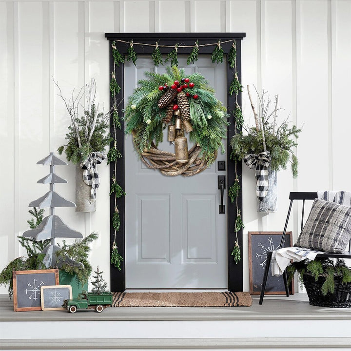 Handmade festive Christmas door wreath, blending farmhouse and boho styles for elegant holiday decor.