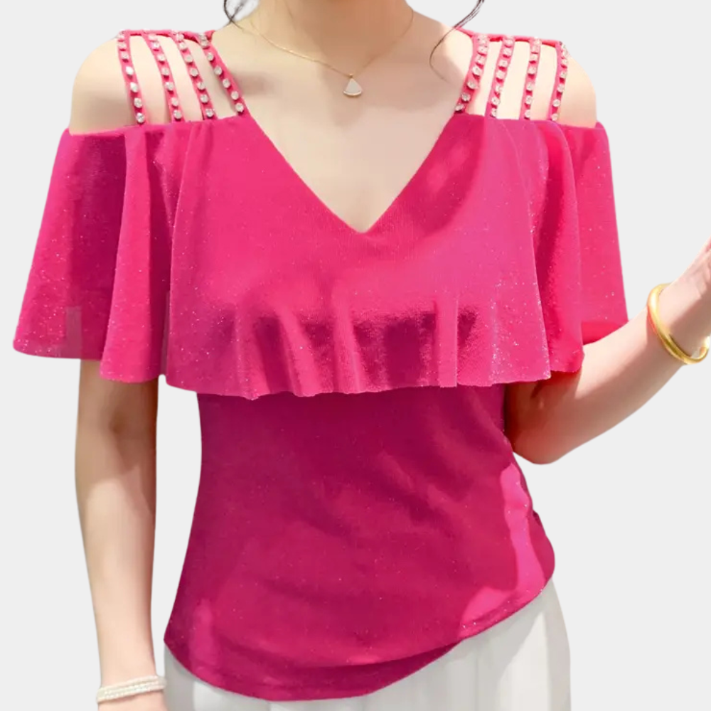 Fashionable women's V-neck blouse with long sleeves, comfort fit for versatile casual & work attire.