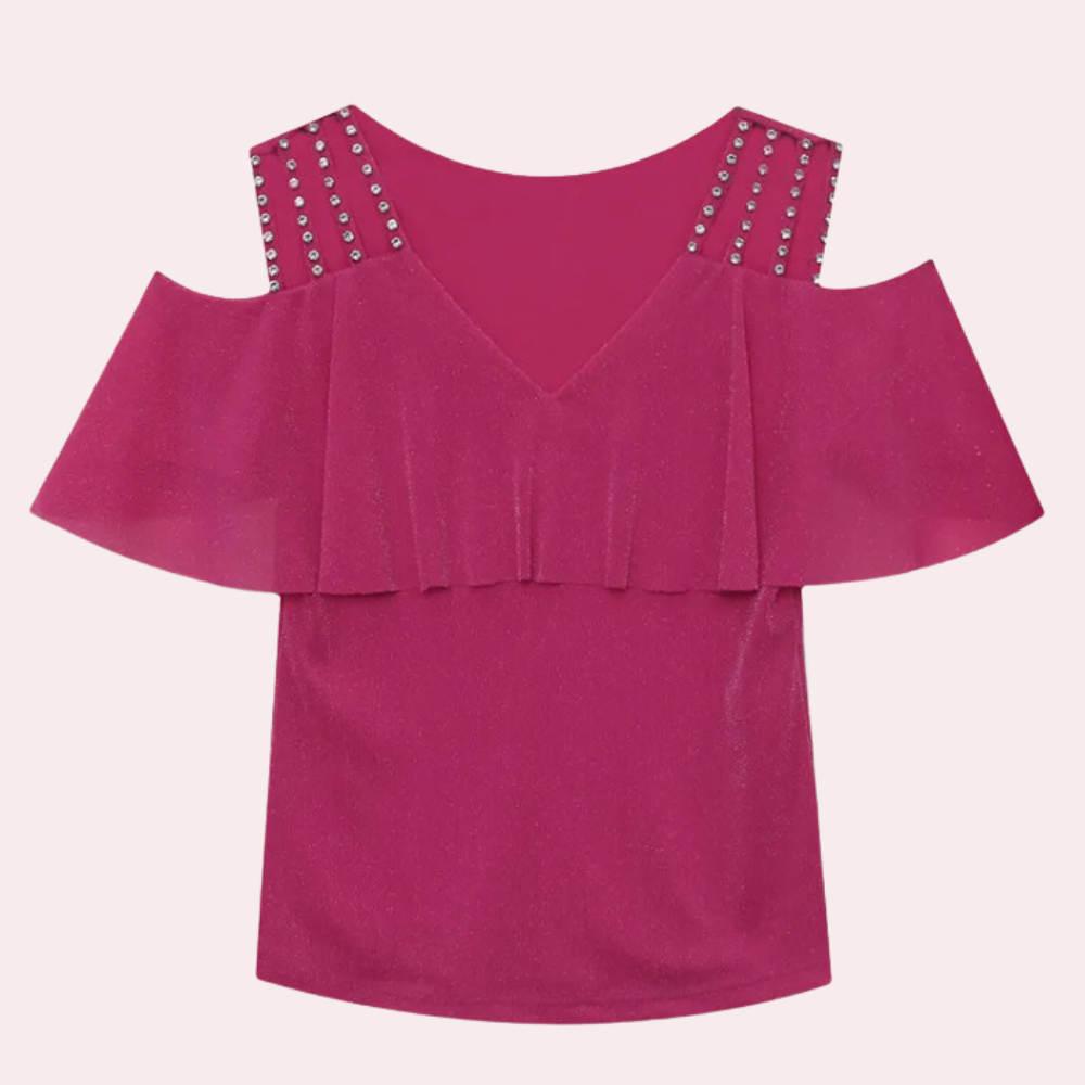 Elegant women's V-neck top, long sleeve, ideal for work attire or stylish casual wear. A versatile blouse.