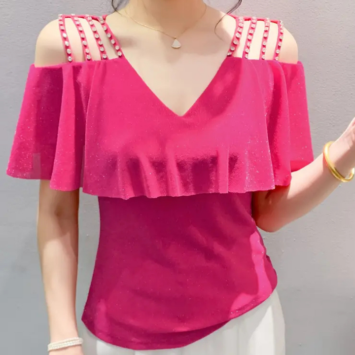 Colorful women's V-neck blouse, long sleeve, offering a fashionable and vibrant look for spring and fall.