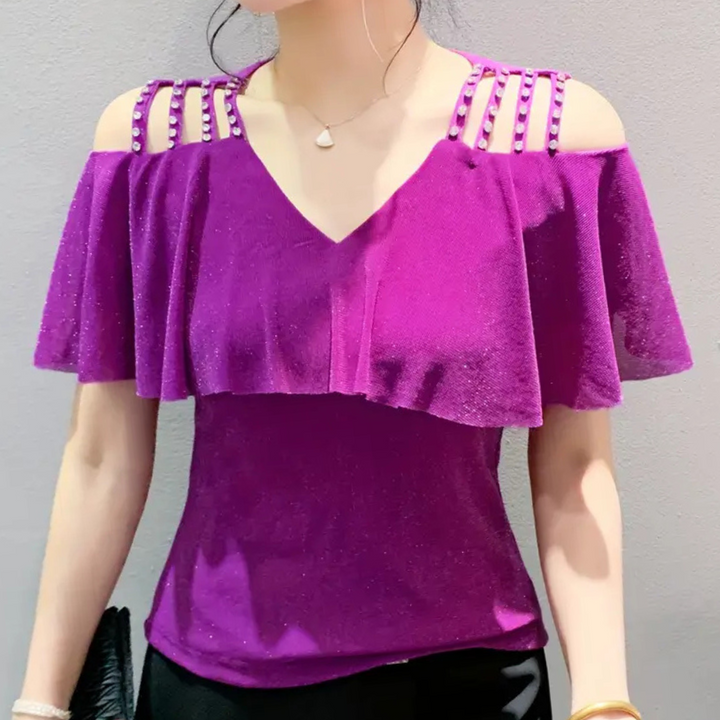 Modern women's long sleeve V-neck top, comfort fit, versatile for effortless style, work, or casual elegance.