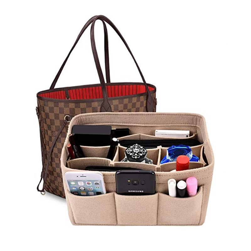 Felt handbag organizer insert with 13 pockets for women, keeping purses and totes neat and organized.