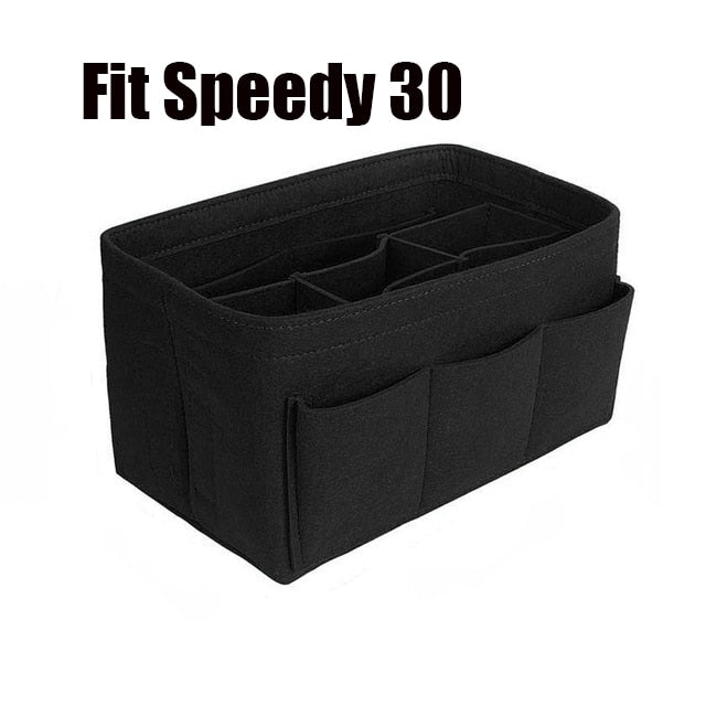 Convenient felt makeup organizer insert, designed to fit women's purses & keep items accessible.