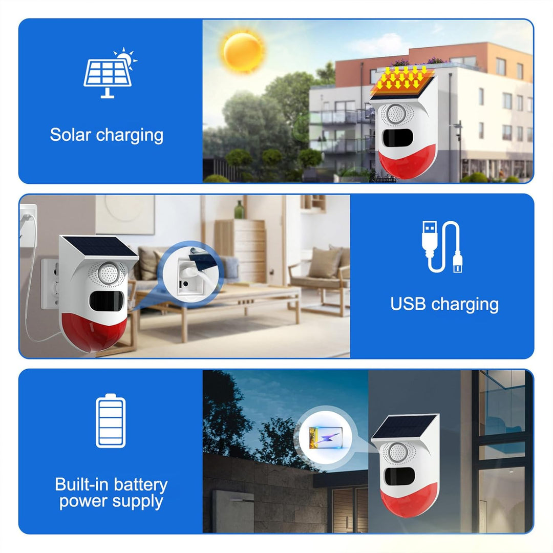 Feronix solar alarm mounted on a wall, providing outdoor security with motion detection and siren.