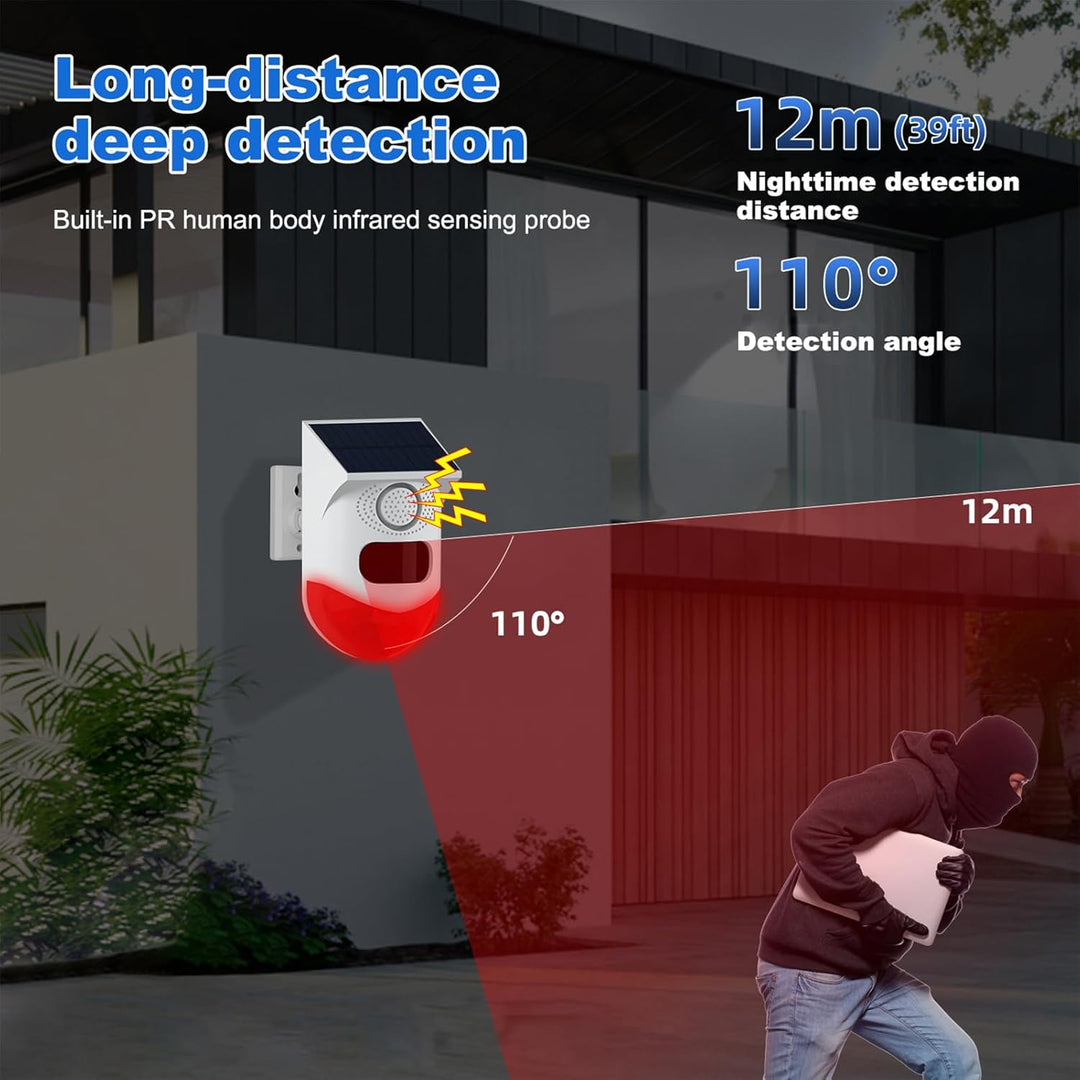 Packaging of the Feronix solar alarm, highlighting its 120dB siren and motion sensor features.