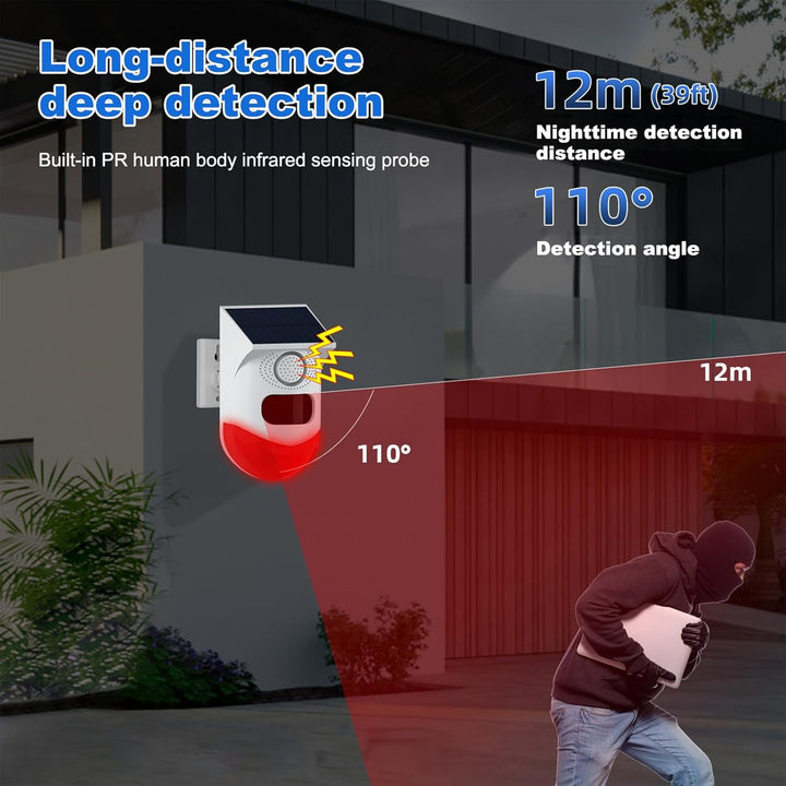 Packaging of the Feronix solar alarm, highlighting its 120dB siren and motion sensor features.