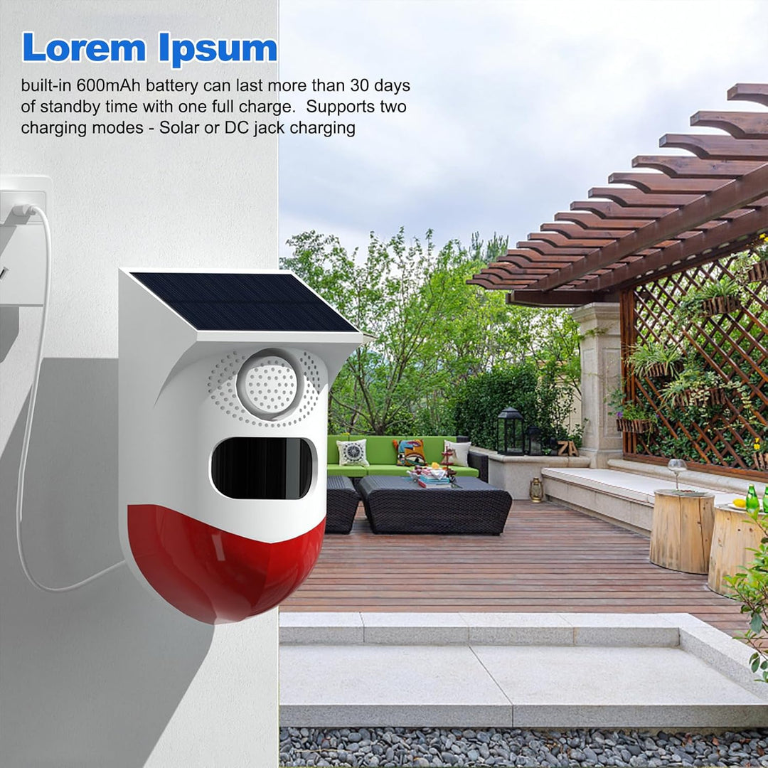 Detail shot of the solar panel on the Feronix 120dB siren motion sensor outdoor security alarm.