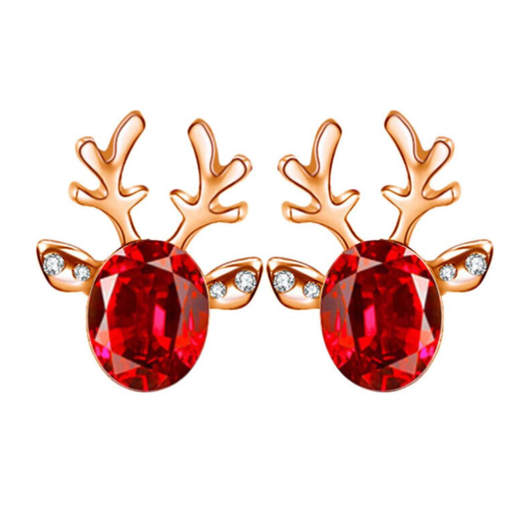 Festive reindeer stud earrings for women. Sterling silver & enamel Christmas holiday jewelry.