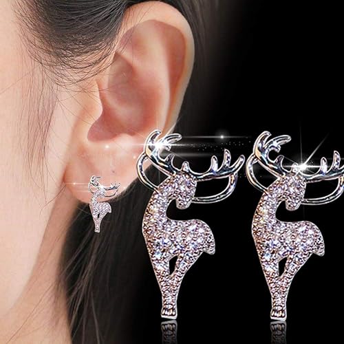 Sterling silver reindeer head earrings with festive details, ideal Christmas jewelry for women.