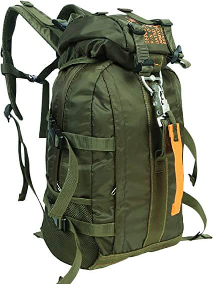 Front view: Men's large water-resistant tactical backpack with MOLLE webbing, ready for outdoor travel & hiking.