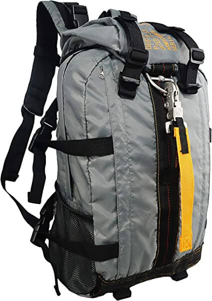 Side view: FieldGear men's large water-resistant tactical backpack for comfortable outdoor travel and camping.