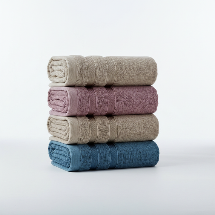 Close-up of striped bamboo towel showcasing soft texture, perfect for modern bathroom decor