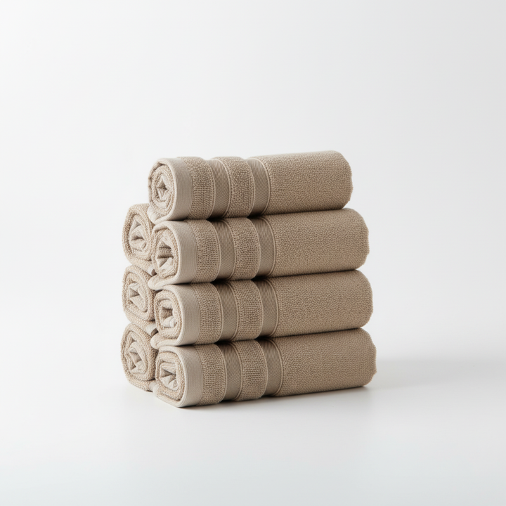 Home decor theme featuring a modern bathroom with a soft, striped bamboo towel set