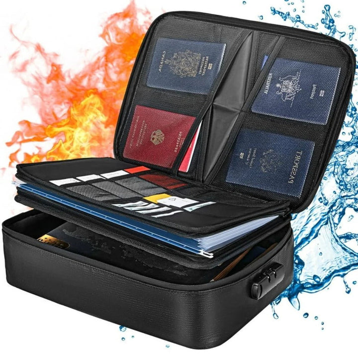 Fireproof waterproof document safe bag with lock. Secure storage for cash, valuables & important papers in home or office.