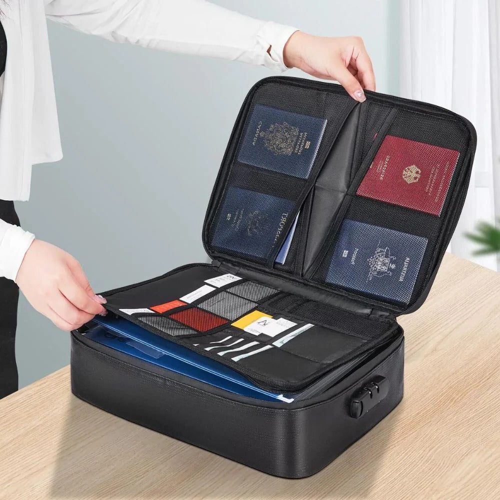 Portable fireproof waterproof security bag with lock for valuable documents, cash & emergency items. Home office safe.