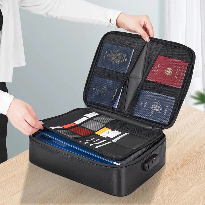 Portable fireproof waterproof security bag with lock for valuable documents, cash & emergency items. Home office safe.
