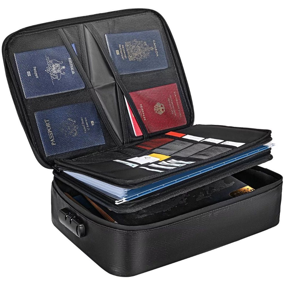 Durable fireproof waterproof document safe bag with lock. Ideal for passports, cash, and important papers in emergencies.