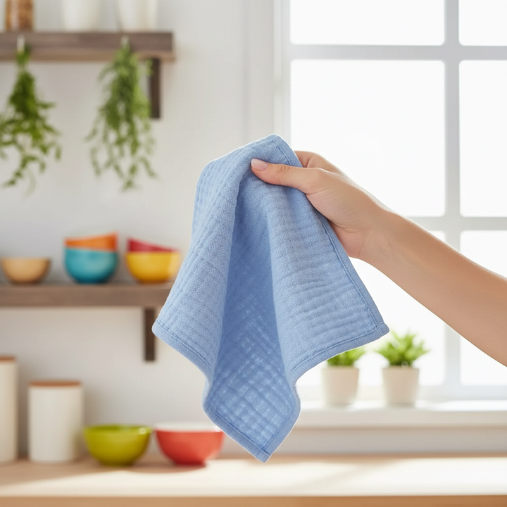 Five colorful kids' mini cotton dish towels, perfect for little helpers in the kitchen or for playtime messes.
