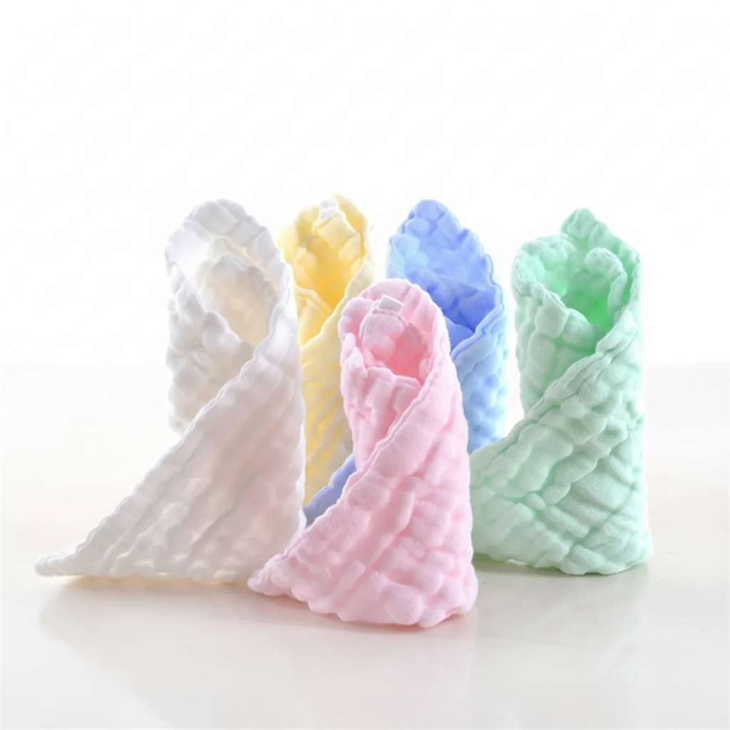 Set of five small, vibrantly colored cotton cleaning cloths for kids, great for kitchen and playtime cleanup.