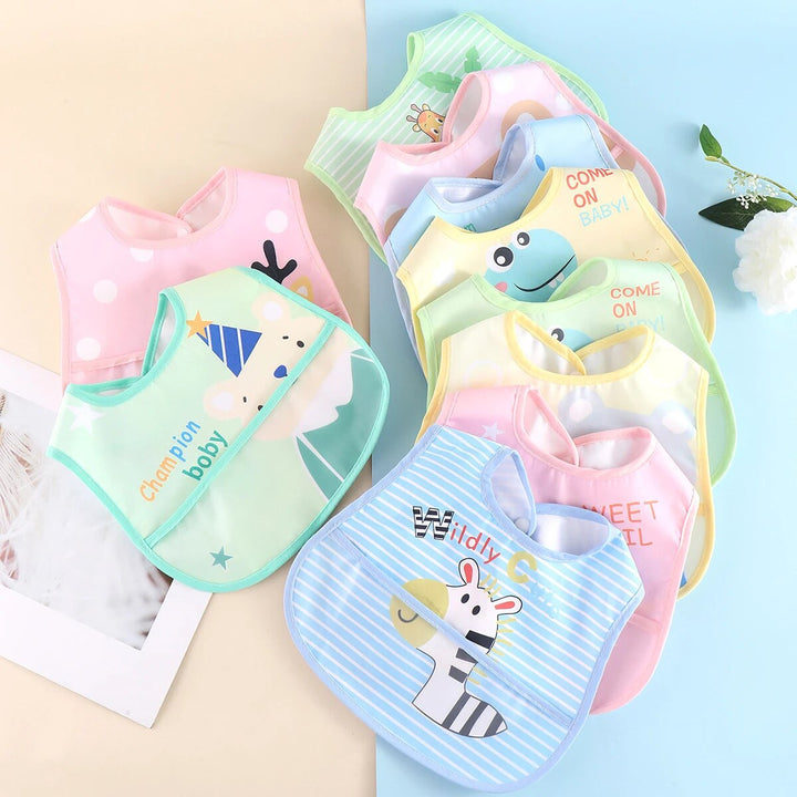 Five pack unisex waterproof adjustable baby bibs in various colors for spill protection at mealtime