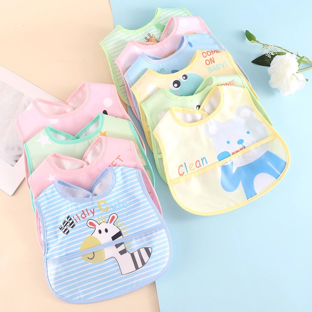 Unisex adjustable baby bib featuring a wide food pocket for maximum spill protection during feeding