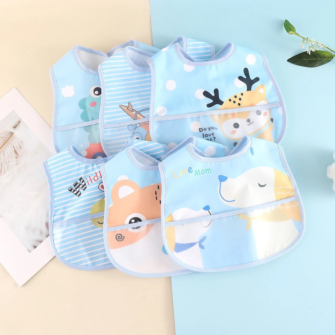 Close-up of a waterproof baby bib with adjustable snap closure, perfect for feeding toddlers