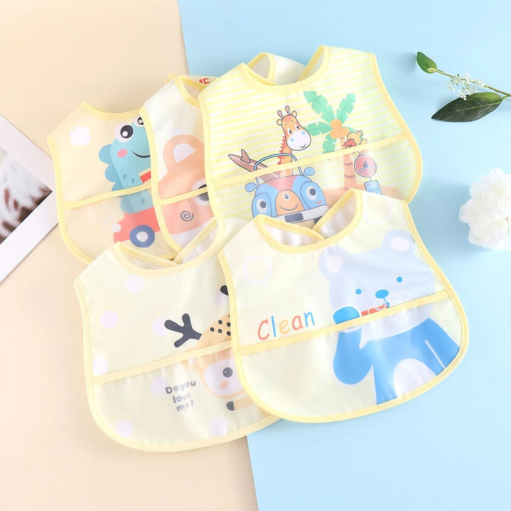 Unisex waterproof baby bib with a food-catching pocket, adjustable for comfortable feeding