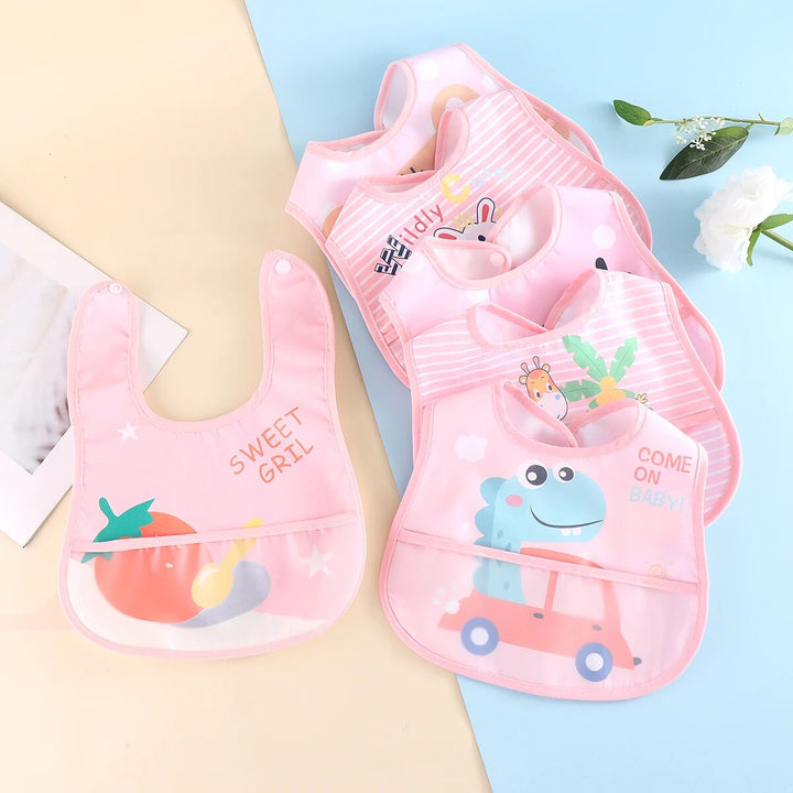 Overview of five different colored waterproof adjustable baby bibs, great for daily use