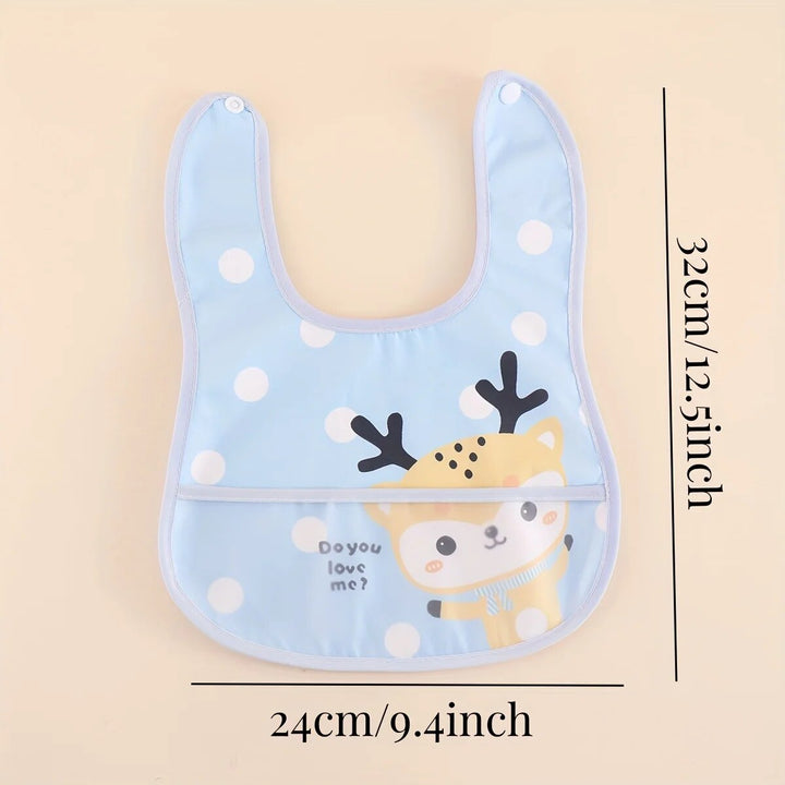 A stack of five waterproof adjustable baby bibs, showcasing their compact and travel-friendly design