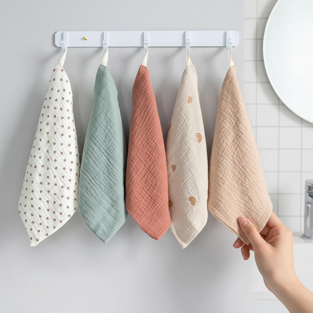 Five white absorbent cotton facial towels stacked, perfect for gentle skincare routine.