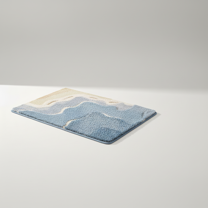 FjordFluff plush floor mat, grey with subtle landscape pattern, enhancing bath decor.