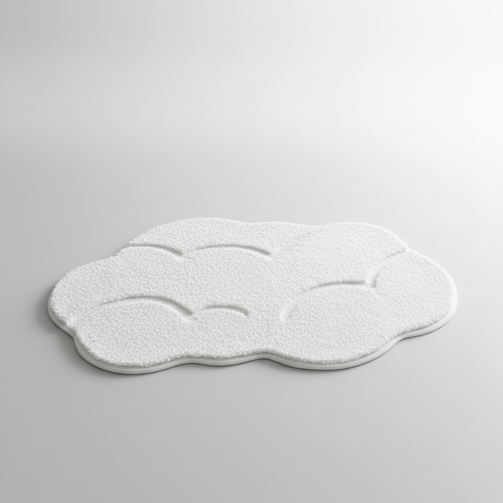 Soft FjordFluff bathroom mat on a tiled floor, providing comfort and style, absorbent.
