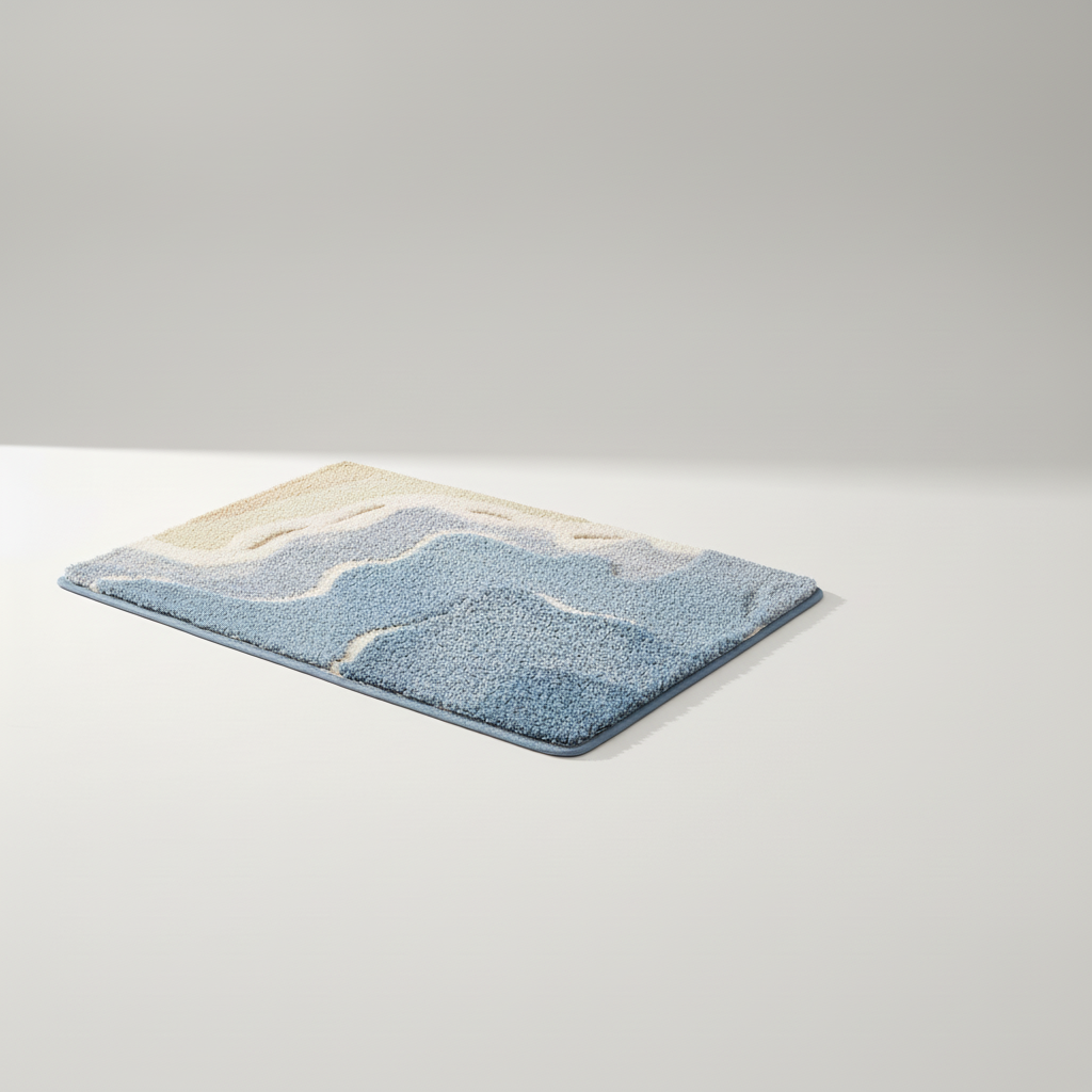 Cozy FjordFluff bath mat, nature-inspired and absorbent, a soft plush rug for your bathroom decor.