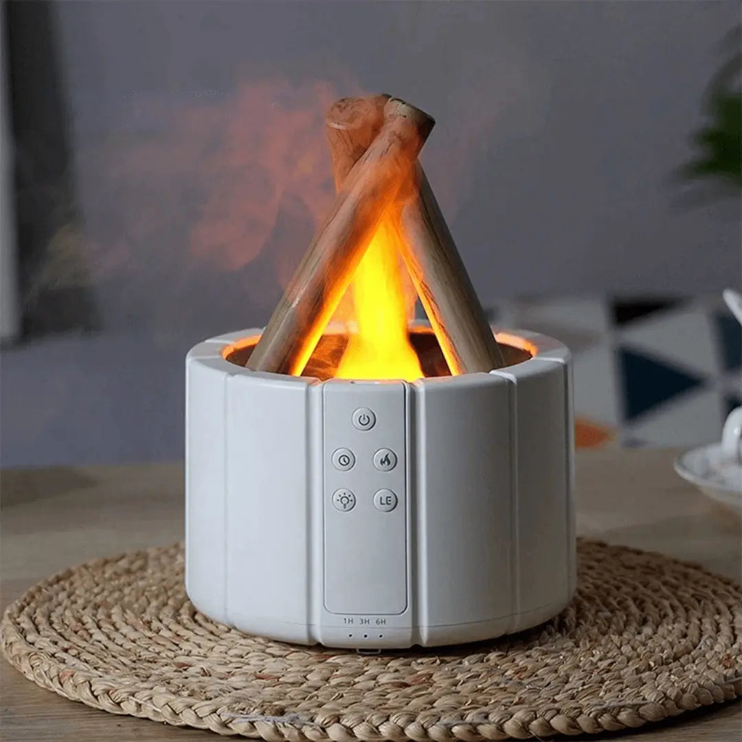 FlameMist Air Humidifier with soothing flame effect, aromatherapy, and essential oil diffusion for relaxation.