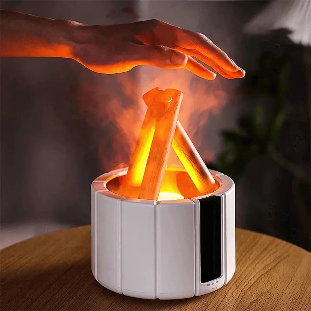 Stylish FlameMist aromatherapy diffuser with captivating flame effect, ideal for home decor and mood lighting.