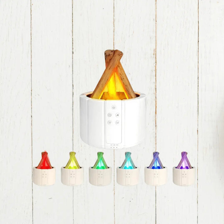 USB-powered FlameMist humidifier with remote control, offering flame effect & aromatherapy for a calming ambiance.