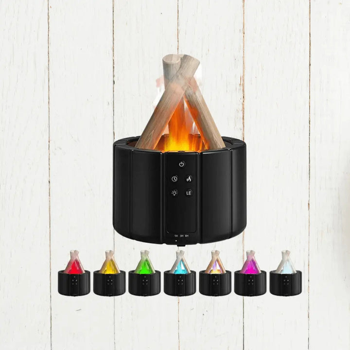 Elegant FlameMist air humidifier and essential oil diffuser, combining flame effect, mood lighting, and relaxation.
