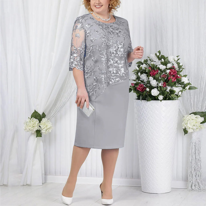 Elegant grey short sleeve midi dress for women, ideal for formal events, cocktails, or a chic occasion.