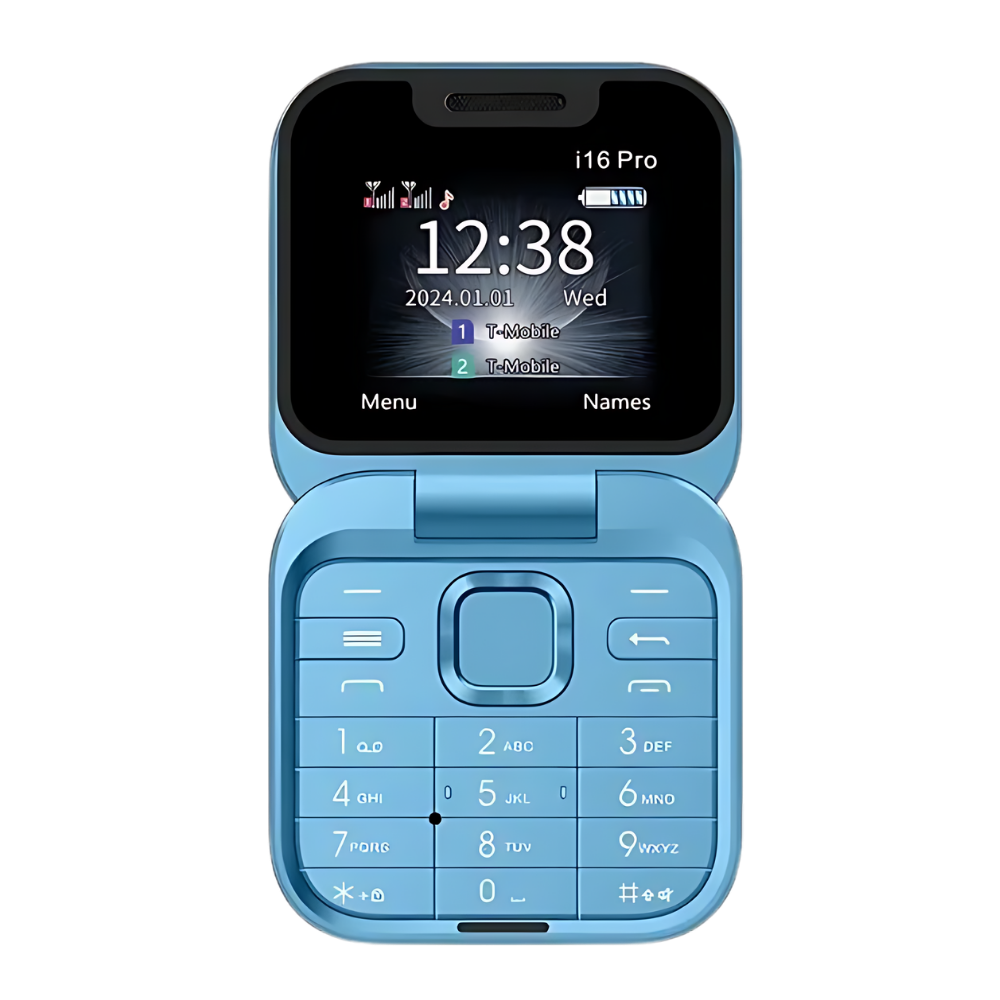 Close-up of FlexFold flip phone's external display, showing time and caller ID