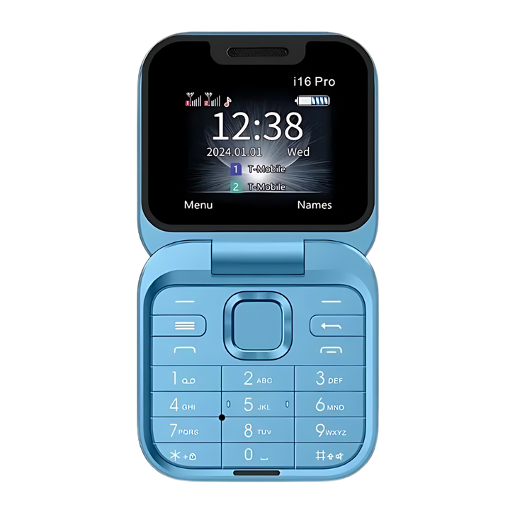 Close-up of FlexFold flip phone's external display, showing time and caller ID