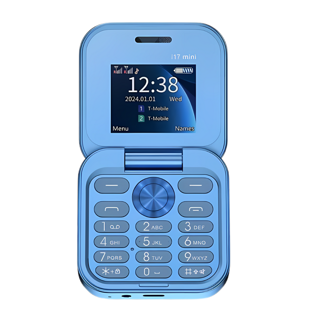 FlexFold compact flip phone with a sample photo taken by its HD camera on screen