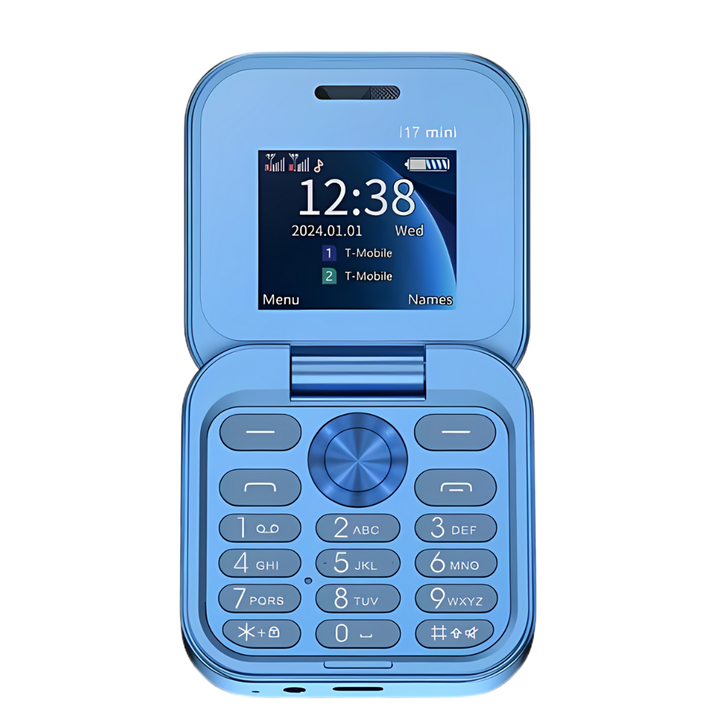 FlexFold compact flip phone with a sample photo taken by its HD camera on screen