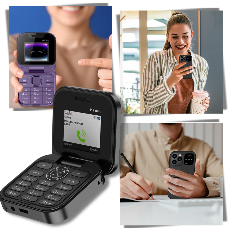 FlexFold flip phone open, displaying vibrant internal screen & keypad, perfect for calls